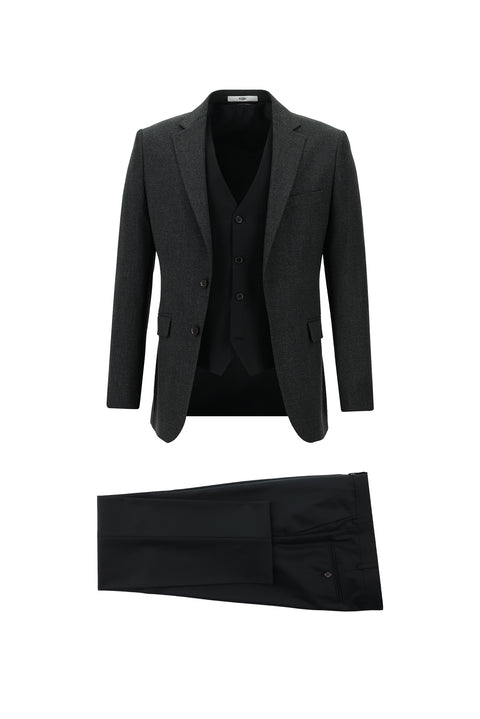 Koyu Antrasit 7 Drop Slim Fit Dar Kesim Kombinli Yelekli Takım Elbise
