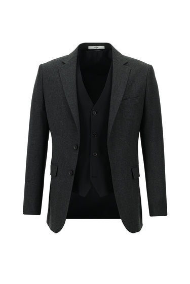 Koyu Antrasit Slim Fit Dar Kesim Kombinli Yelekli Takım Elbise