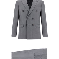 Orta Gri Super Slim Fit Ekstra Dar Kesim Çizgili Kruvaze Takım Elbise