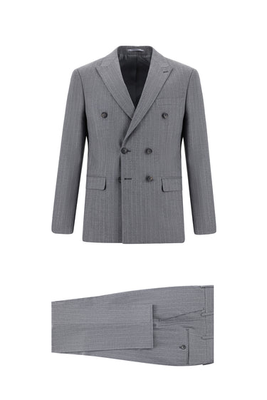 Orta Gri Super Slim Fit Ekstra Dar Kesim Çizgili Kruvaze Takım Elbise