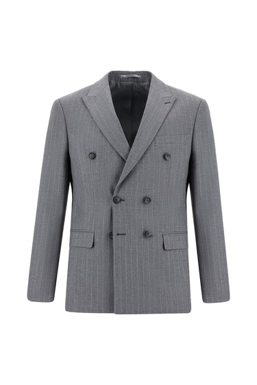 Orta Gri Super Slim Fit Ekstra Dar Kesim Çizgili Kruvaze Takım Elbise