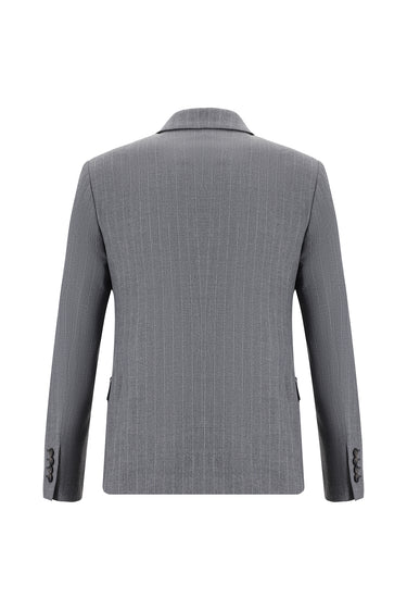 Orta Gri Super Slim Fit Ekstra Dar Kesim Çizgili Kruvaze Takım Elbise