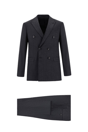  Koyu Füme Super Slim Fit Ekstra Dar Kesim Çizgili Kruvaze Takım Elbise