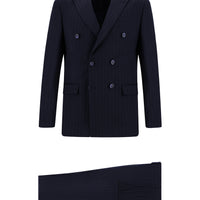 Koyu Lacivert Super Slim Fit Ekstra Dar Kesim Çizgili Kruvaze Takım Elbise