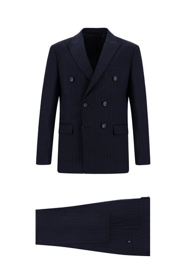 Koyu Lacivert Super Slim Fit Ekstra Dar Kesim Çizgili Kruvaze Takım Elbise