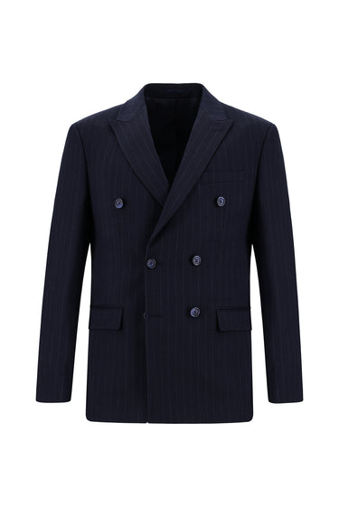 Koyu Lacivert Super Slim Fit Ekstra Dar Kesim Çizgili Kruvaze Takım Elbise