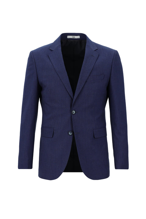 Orta Lacivert 7 Drop Slim Fit Dar Kesim Beli Lastikli İpli Çizgili Takım Elbise