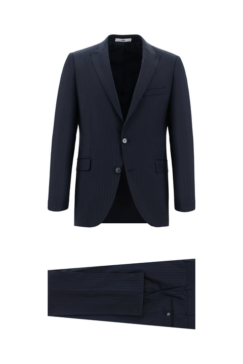 Koyu Lacivert 7 Drop Slim Fit Dar Kesim Yünlü Çizgili Takım Elbise