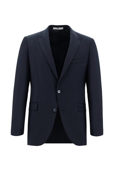 Koyu Lacivert Slim Fit Dar Kesim Yünlü Klasik Çizgili Takım Elbise