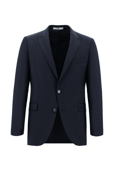 Koyu Lacivert 7 Drop Slim Fit Dar Kesim Yünlü Çizgili Takım Elbise
