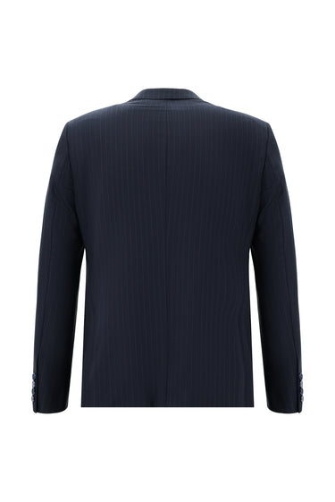 Koyu Lacivert Slim Fit Dar Kesim Yünlü Klasik Çizgili Takım Elbise