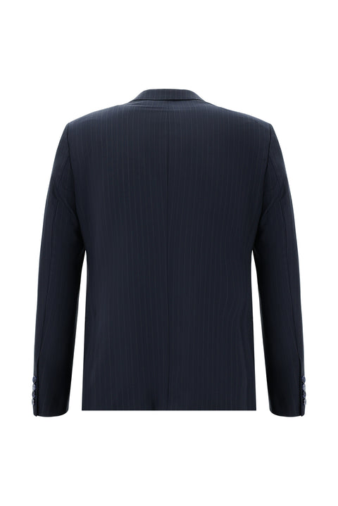 Koyu Lacivert 7 Drop Slim Fit Dar Kesim Yünlü Çizgili Takım Elbise