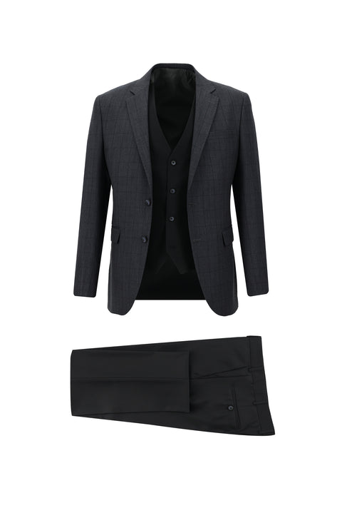 Koyu Füme 7 Drop Slim Fit Dar Kesim Kombinli Yelekli Takım Elbise