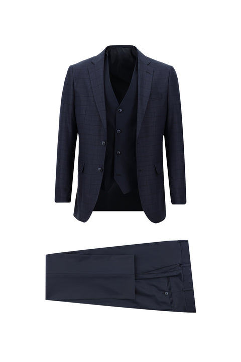 Koyu Lacivert 6 Drop Regular Fit Standart Kesim Kombinli Yelekli Takım Elbise