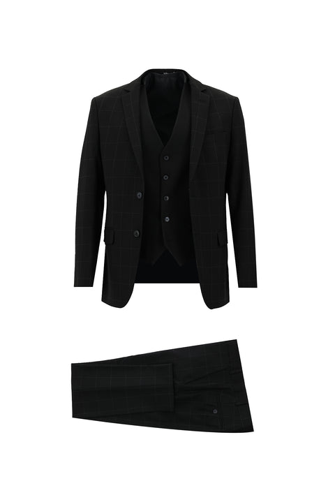 Siyah 7 Drop Super Slim Fit Eksra Dar Kesim Fit Kareli Yelekli Takım Elbise