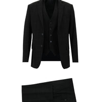 Siyah Super Slim Fit Ekstra Dar Kesim Klasik Kareli Yelekli Takım Elbise
