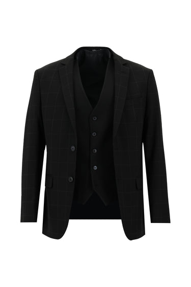 Siyah Super Slim Fit Ekstra Dar Kesim Klasik Kareli Yelekli Takım Elbise