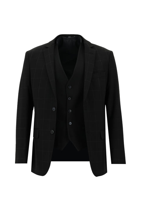 Siyah 7 Drop Super Slim Fit Eksra Dar Kesim Fit Kareli Yelekli Takım Elbise