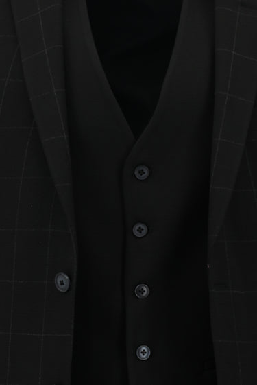 Siyah Super Slim Fit Ekstra Dar Kesim Klasik Kareli Yelekli Takım Elbise