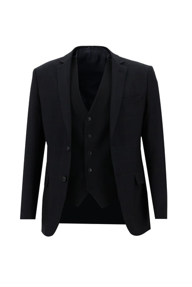 Koyu Lacivert Super Slim Fit Ekstra Dar Kesim Fit Klasik Kareli Yelekli Takım Elbise