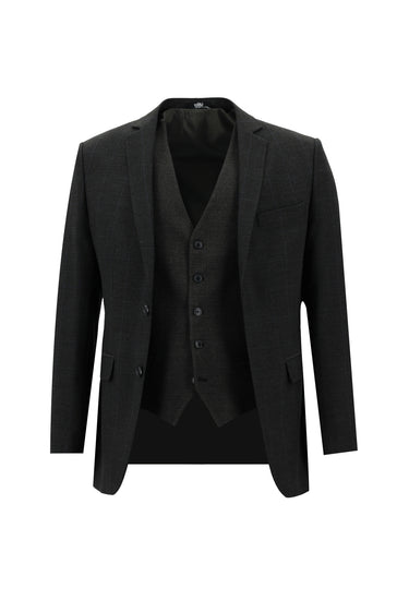 Koyu Antrasit Super Slim Fit Ekstra Dar Kesim Fit Klasik Kareli Yelekli Takım Elbise
