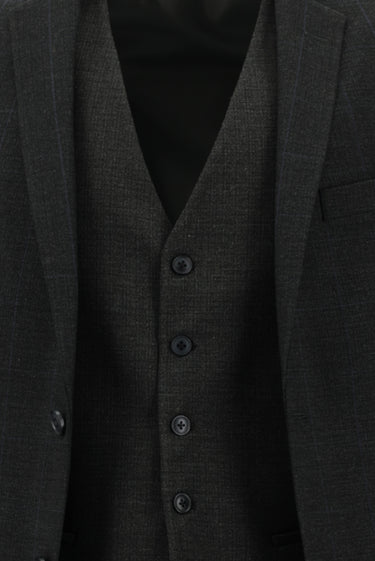Koyu Antrasit Super Slim Fit Ekstra Dar Kesim Fit Klasik Kareli Yelekli Takım Elbise