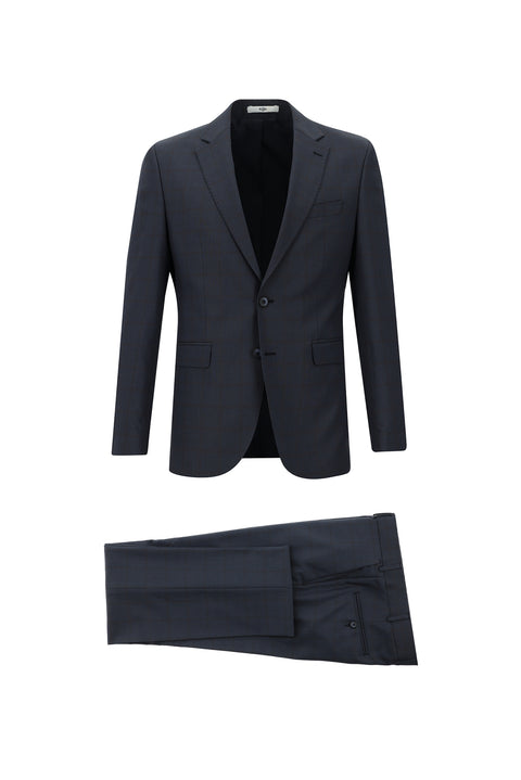 Koyu Lacivert 7 Drop Slim Fit Dar Kesim Ekose Takım Elbise