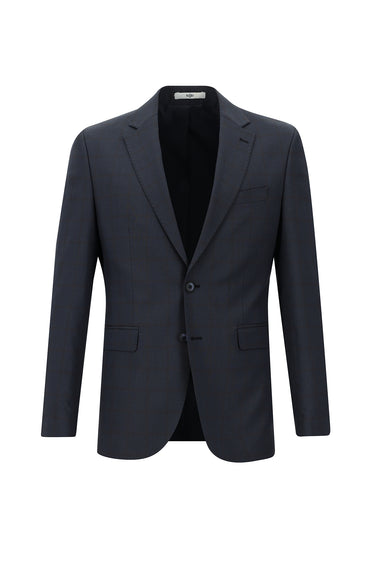  Koyu Lacivert Slim Fit Dar Kesim Klasik Ekose Takım Elbise