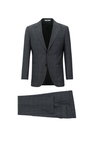  Orta Antrasit Slim Fit Dar Kesim Yünlü Kareli Takım Elbise