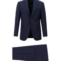 Koyu Lacivert Slim Fit Dar Kesim Yünlü Klasik Ekose Takım Elbise