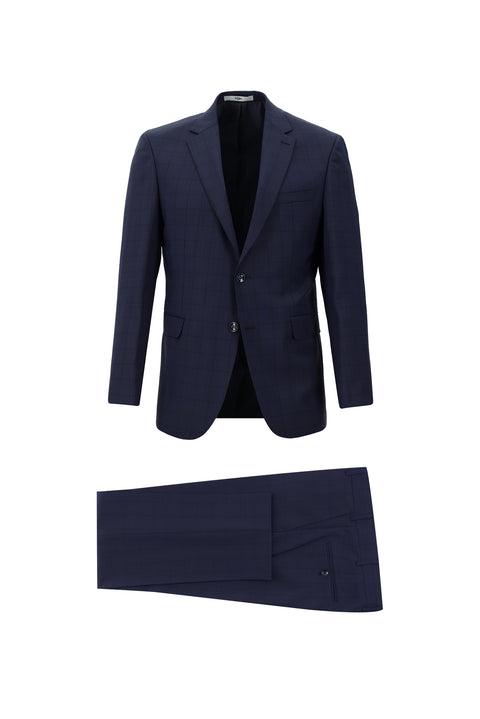 Koyu Lacivert 7 Drop Slim Fit Dar Kesim Yünlü Ekose Takım Elbise