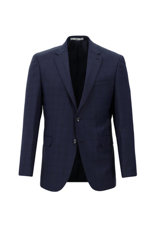  Koyu Lacivert Slim Fit Dar Kesim Yünlü Klasik Ekose Takım Elbise