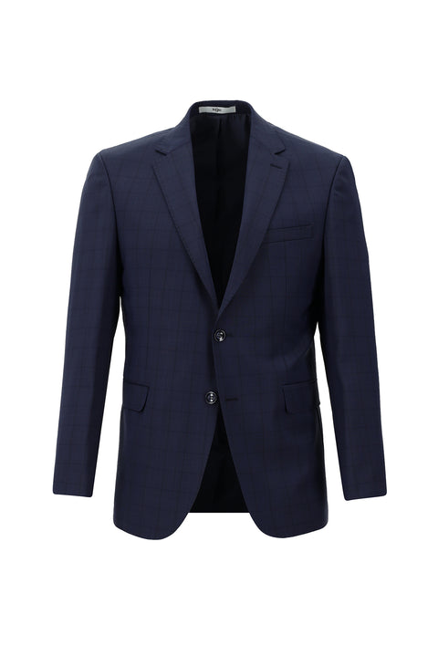 Koyu Lacivert 7 Drop Slim Fit Dar Kesim Yünlü Ekose Takım Elbise