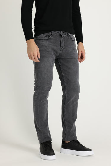 Orta Gri Slim Fit Dar Kesim Likralı Denim Pantolon