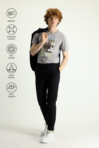 Siyah Techno-Line 7 Drop Slim Fit Dar Kesim Beli Lastikli İpli Likralı Klasik Kumaş Pantolon