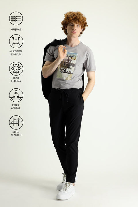 Siyah Techno-Line 7 Drop Slim Fit Dar Kesim Beli Lastikli İpli Likralı Klasik Kumaş Pantolon