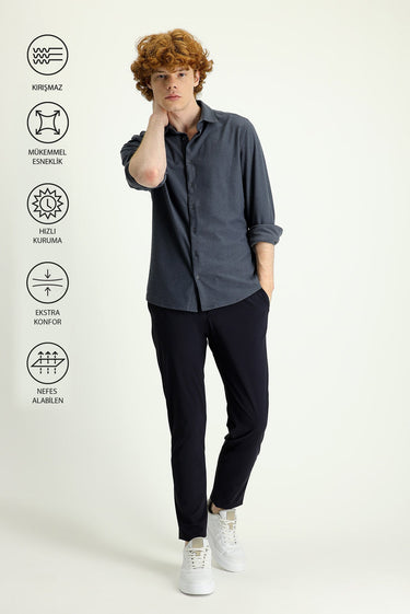 Koyu Lacivert Techno-Line Slim Fit Dar Kesim Beli Lastikli İpli Likralı Klasik Kumaş Pantolon