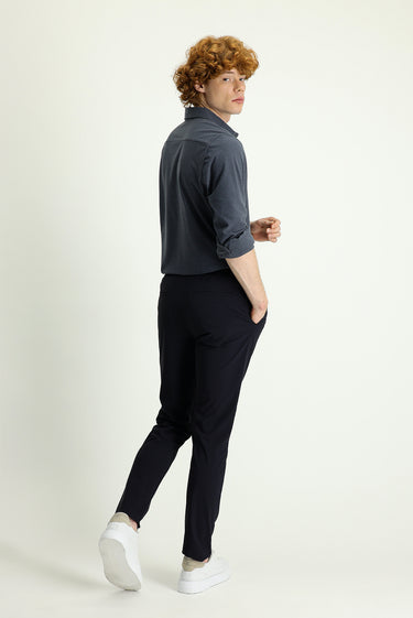 Koyu Lacivert Techno-Line Slim Fit Dar Kesim Beli Lastikli İpli Likralı Klasik Kumaş Pantolon