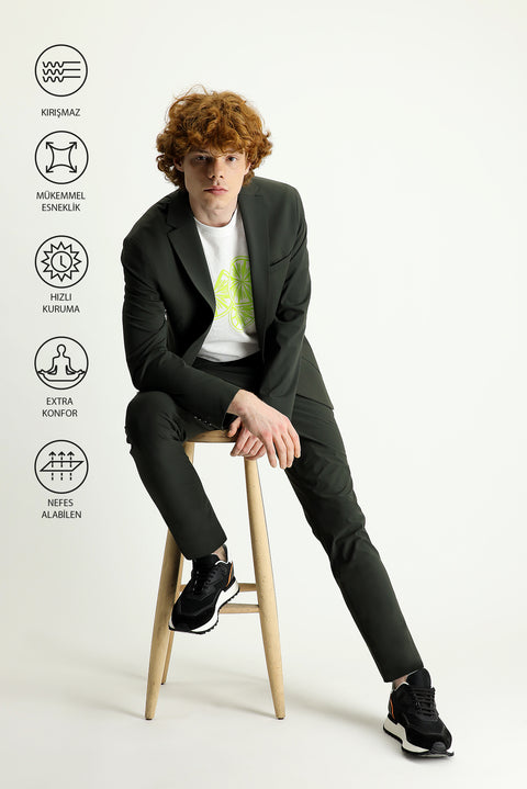 Asker Haki Techno-Line 7 Drop Slim Fit Dar Kesim Beli Lastikli İpli Likralı Örme Klasik Kumaş Pantolon