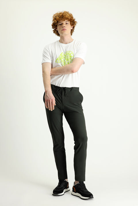 Asker Haki Techno-Line 7 Drop Slim Fit Dar Kesim Beli Lastikli İpli Likralı Örme Klasik Kumaş Pantolon