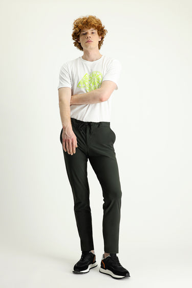 Asker Haki Techno-Line Slim Fit Dar Kesim Beli Lastikli İpli Likralı Klasik Kumaş Pantolon