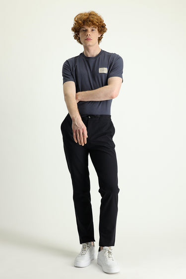 Siyah Techno-Line Slim Fit Dar Kesim Beli Lastikli İpli Likralı Kumaş Pantolon