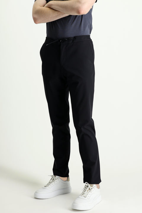 Siyah Techno-Line 7 Drop Slim Fit Dar Kesim Beli Lastikli İpli Likralı Kumaş Pantolon