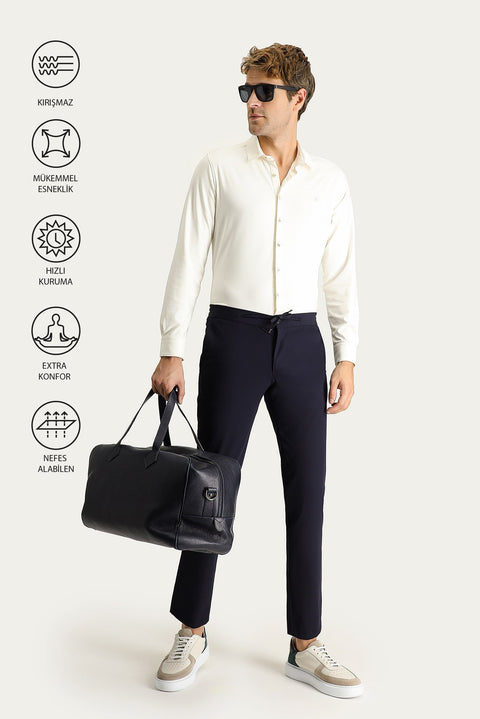Koyu Lacivert Techno-Line 7 Drop Slim Fit Dar Kesim Beli Lastikli İpli Likralı Örme Klasik Kumaş Pantolon