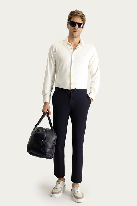 Koyu Lacivert Techno-Line 7 Drop Slim Fit Dar Kesim Beli Lastikli İpli Likralı Kumaş Pantolon