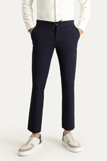 Koyu Lacivert Techno-Line Slim Fit Dar Kesim Beli Lastikli İpli Likralı Kumaş Pantolon