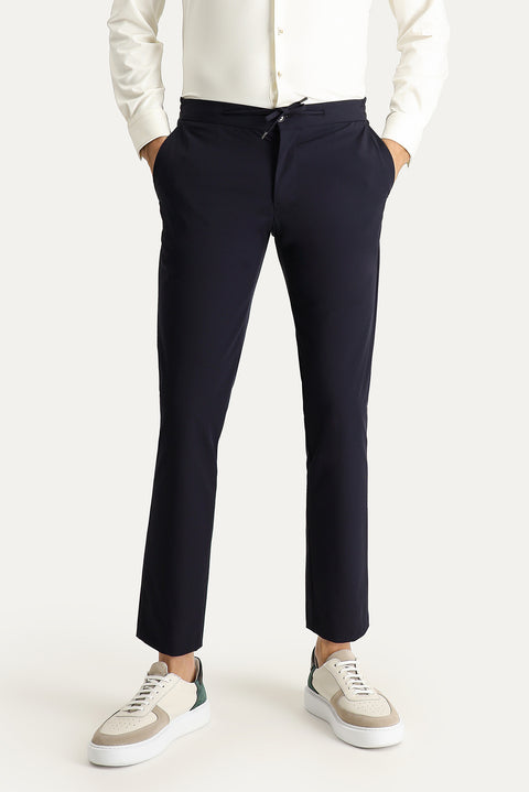 Koyu Lacivert Techno-Line 7 Drop Slim Fit Dar Kesim Beli Lastikli İpli Likralı Kumaş Pantolon