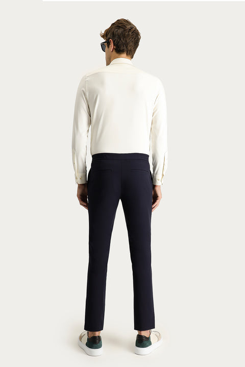 Koyu Lacivert Techno-Line 7 Drop Slim Fit Dar Kesim Beli Lastikli İpli Likralı Kumaş Pantolon