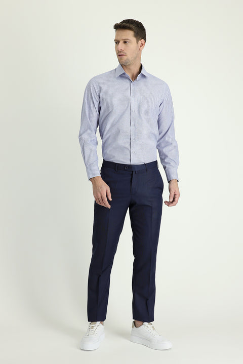 Koyu Lacivert 7 Drop Slim Fit Dar Kesim Klasik Desenli Kumaş Pantolon