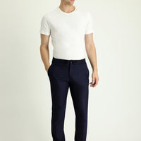 Koyu Lacivert 6 Drop Regular Fit Standart Kesim Beli Lastikli İpli Desenli Likralı Klasik Kumaş Pantolon